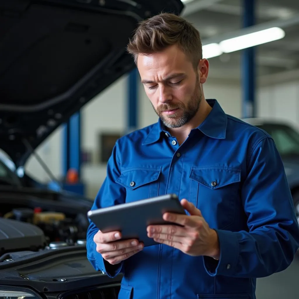 Mechanic using digital tablet for auto repair