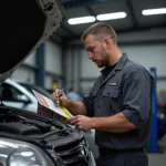 Mechanic Using Haynes Manual for Repair