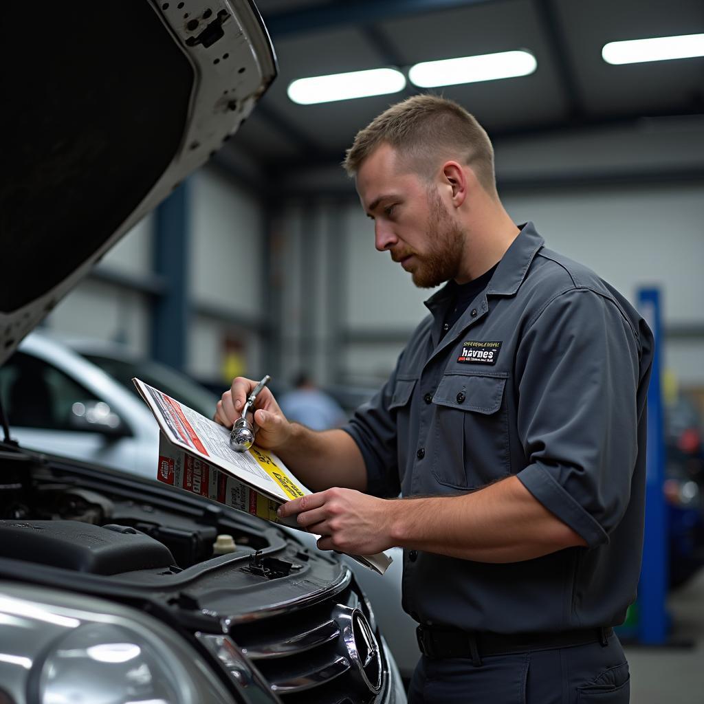 Mechanic Using Haynes Manual for Repair