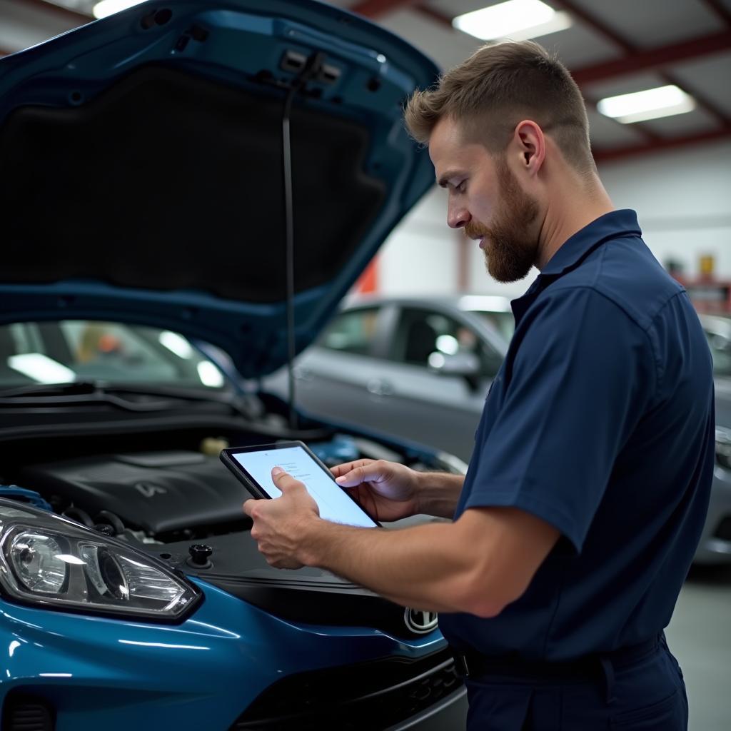 Mechanic Using Tablet for Car Repair