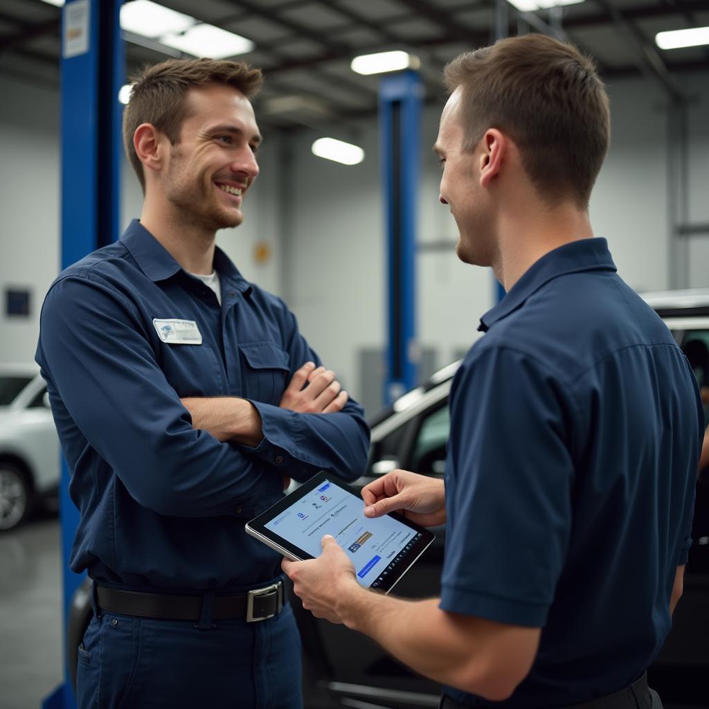 Mechanic Using Tablet with Customer in Garage