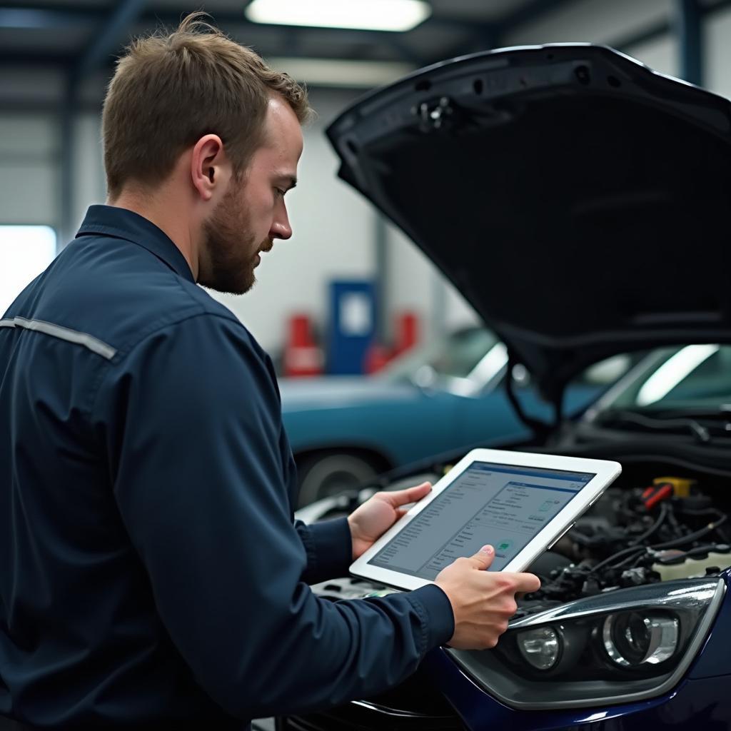 Mechanic using a tablet with auto service manual software