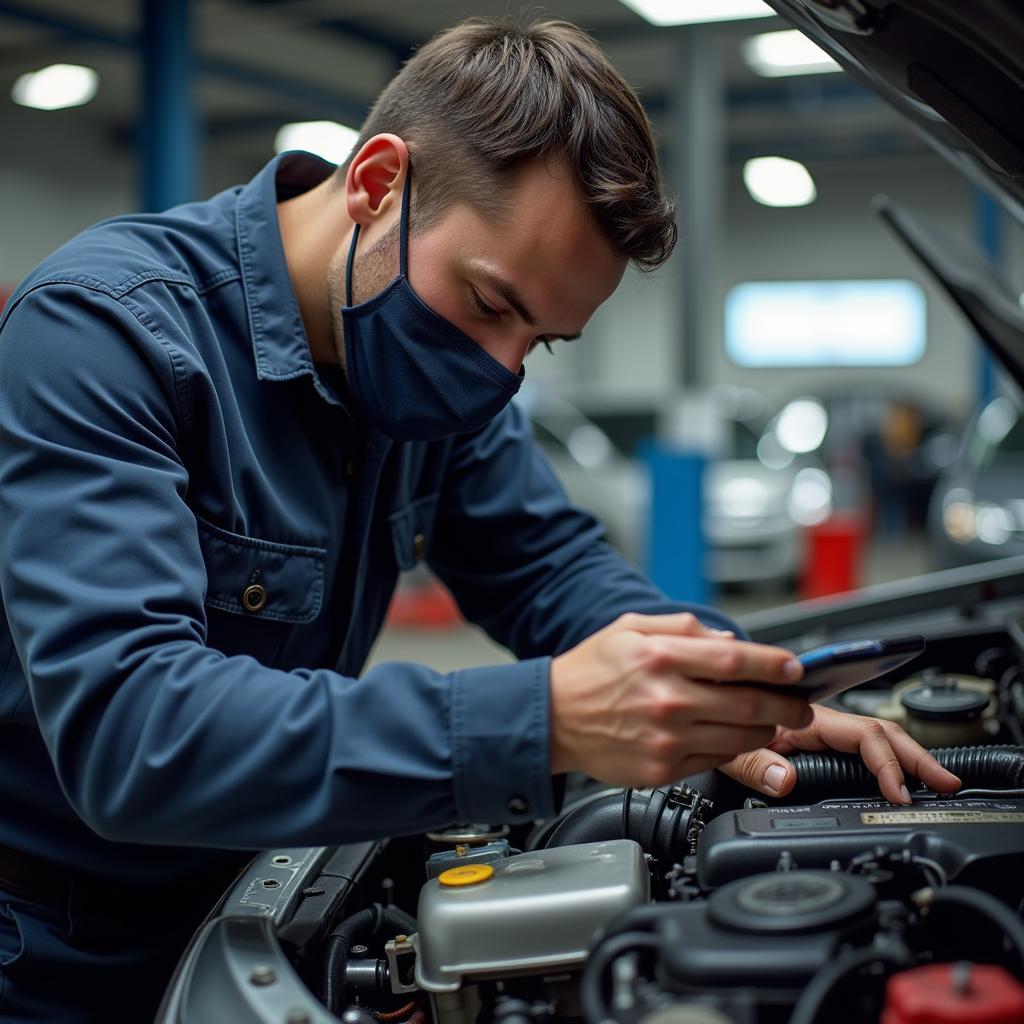 Mechanic Wearing Mask Repairing Car