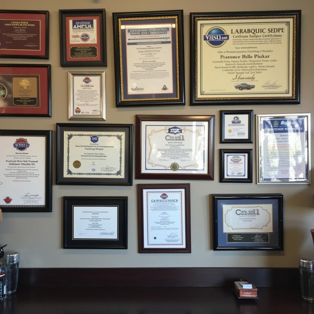 Wall display of automotive certifications