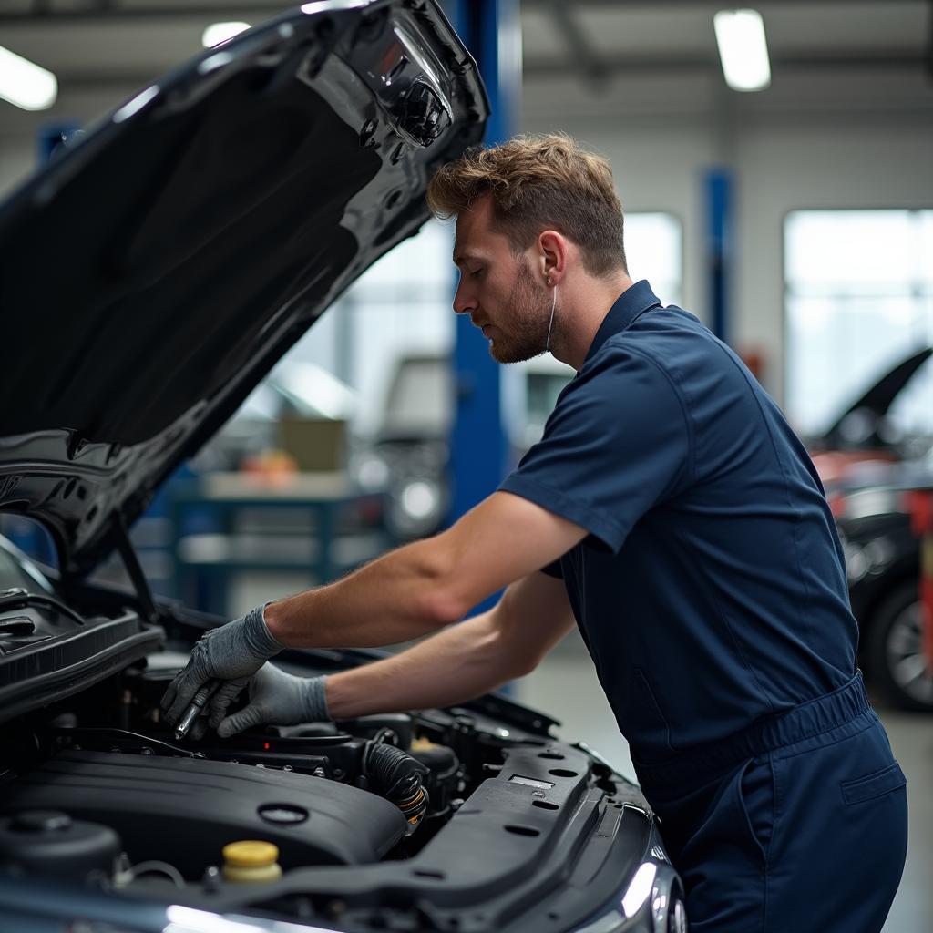 Mechanic working on a car in a professional shop.