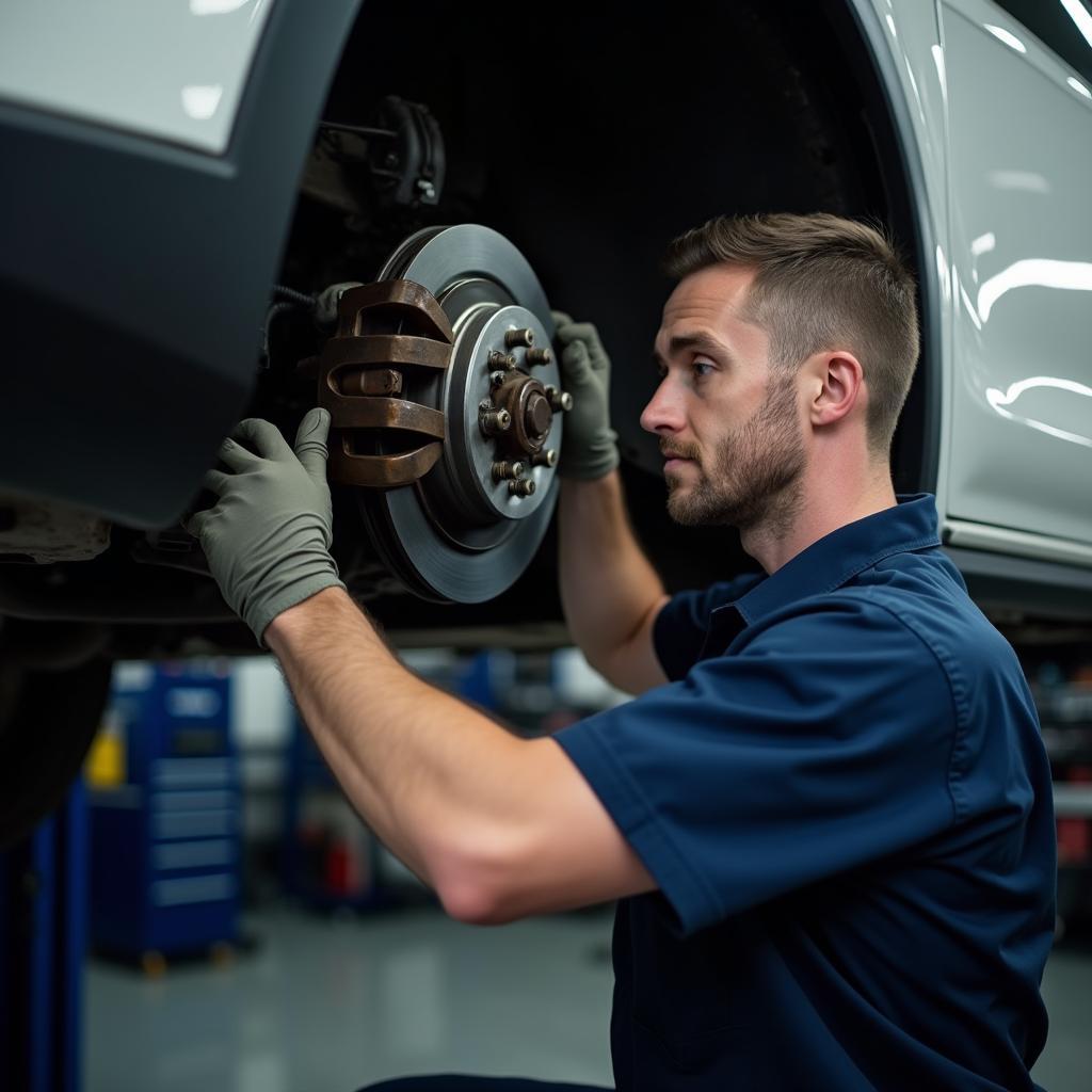 Mechanic Working on Car Brakes