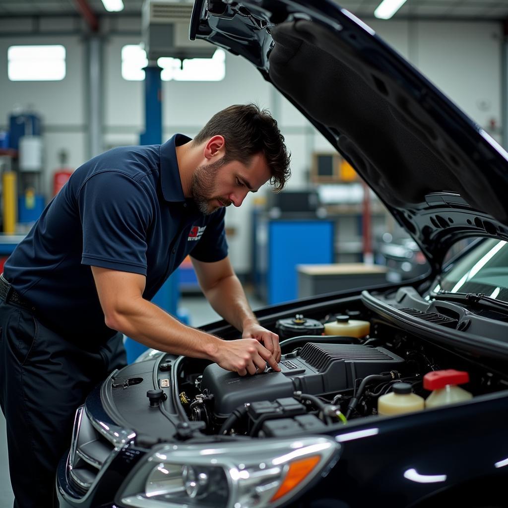 Mechanic working on a car engine in a repair shop