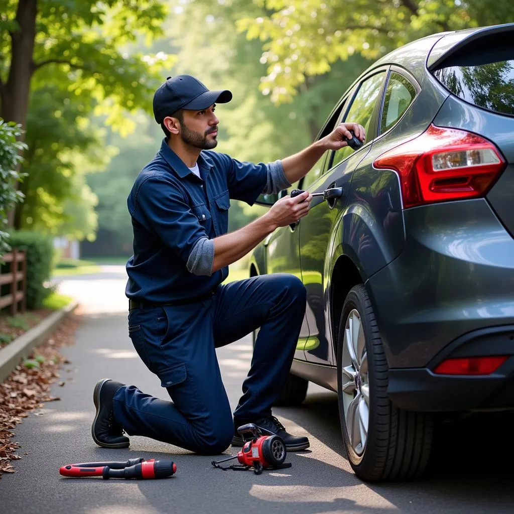 Mobile Mechanic Repairing Car in Driveway