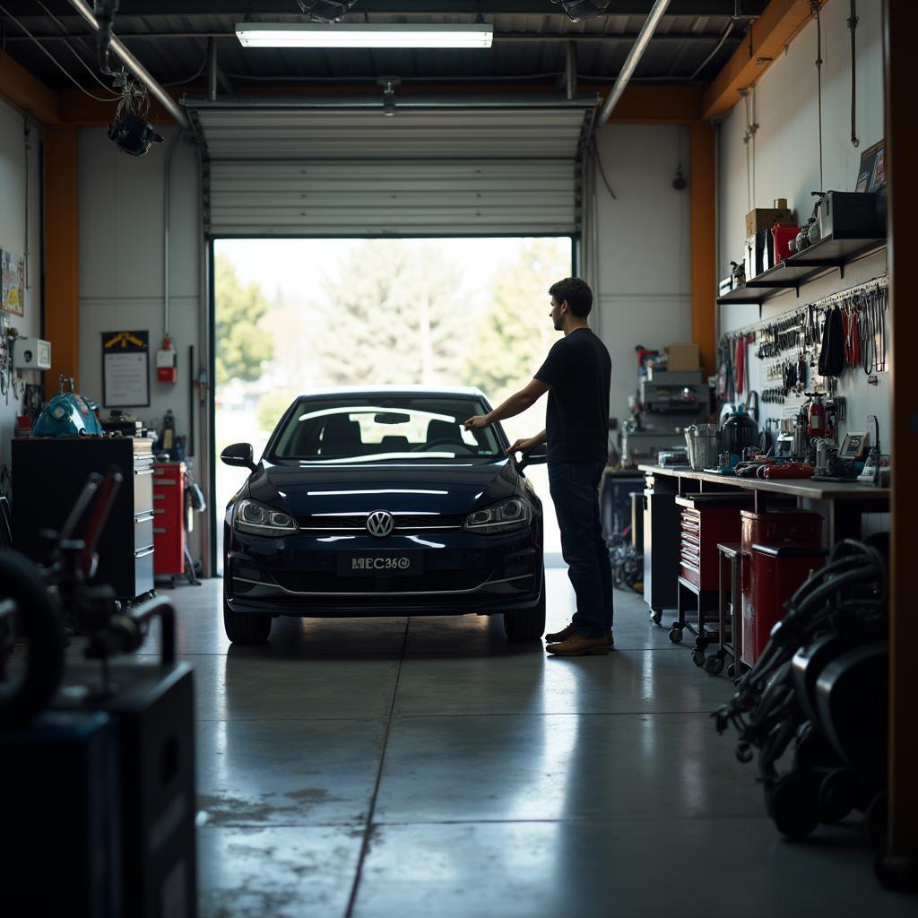 Mechanic Working on Car in Garage on Saturday