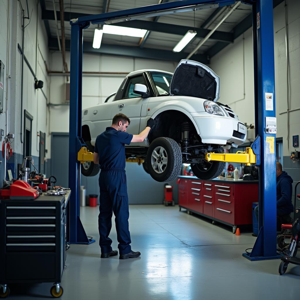 Mechanic working on a car in a self-service garage