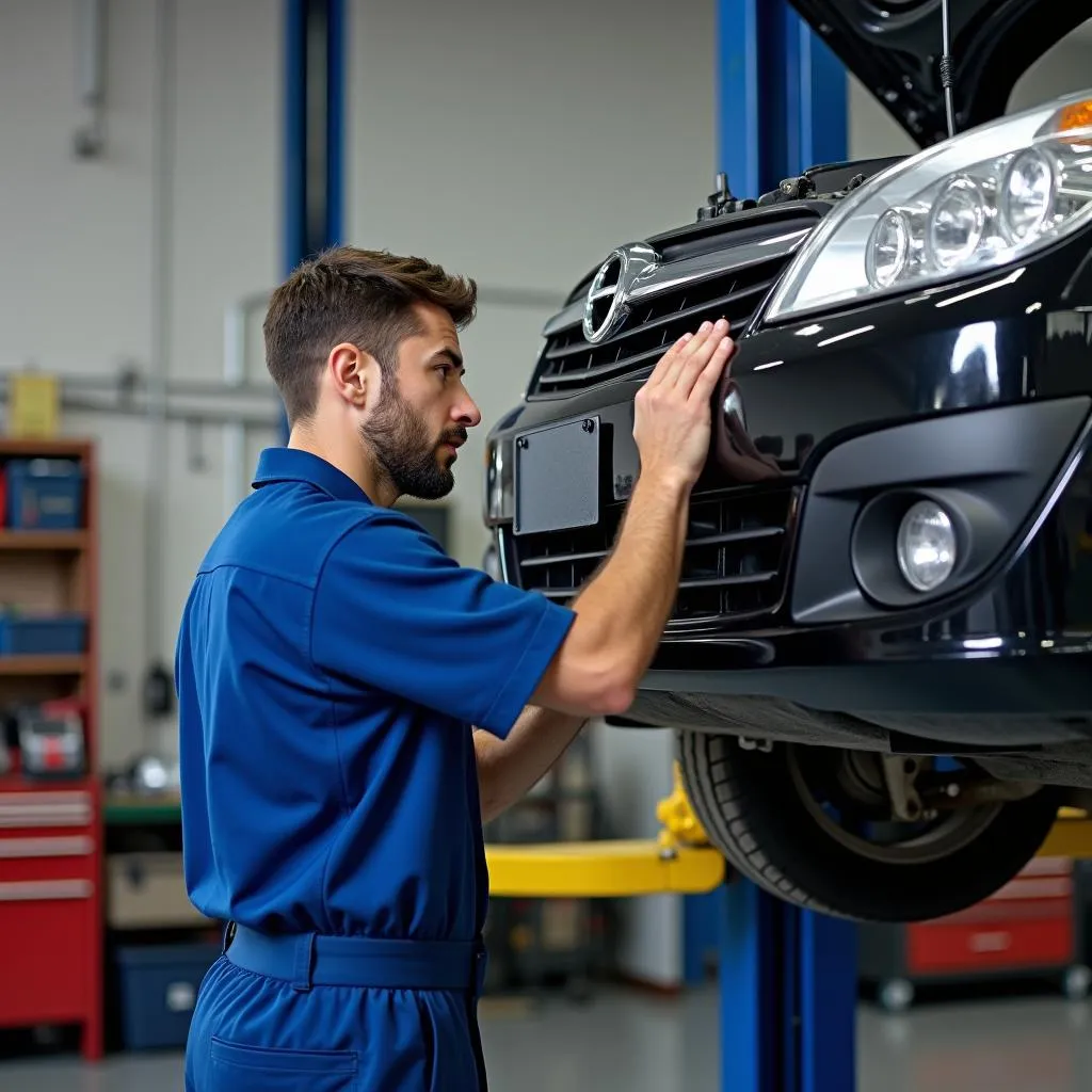 Mechanic Working on Car in Shop