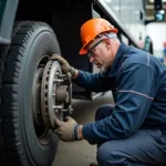 Mechanic inspecting and repairing truck brakes