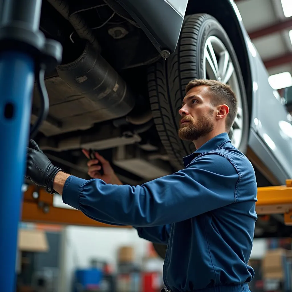 Mechanic working under a lifted car