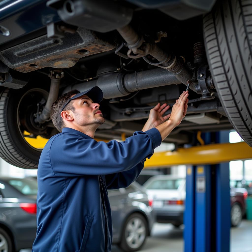 Auto Technician Performing Undercarriage Inspection