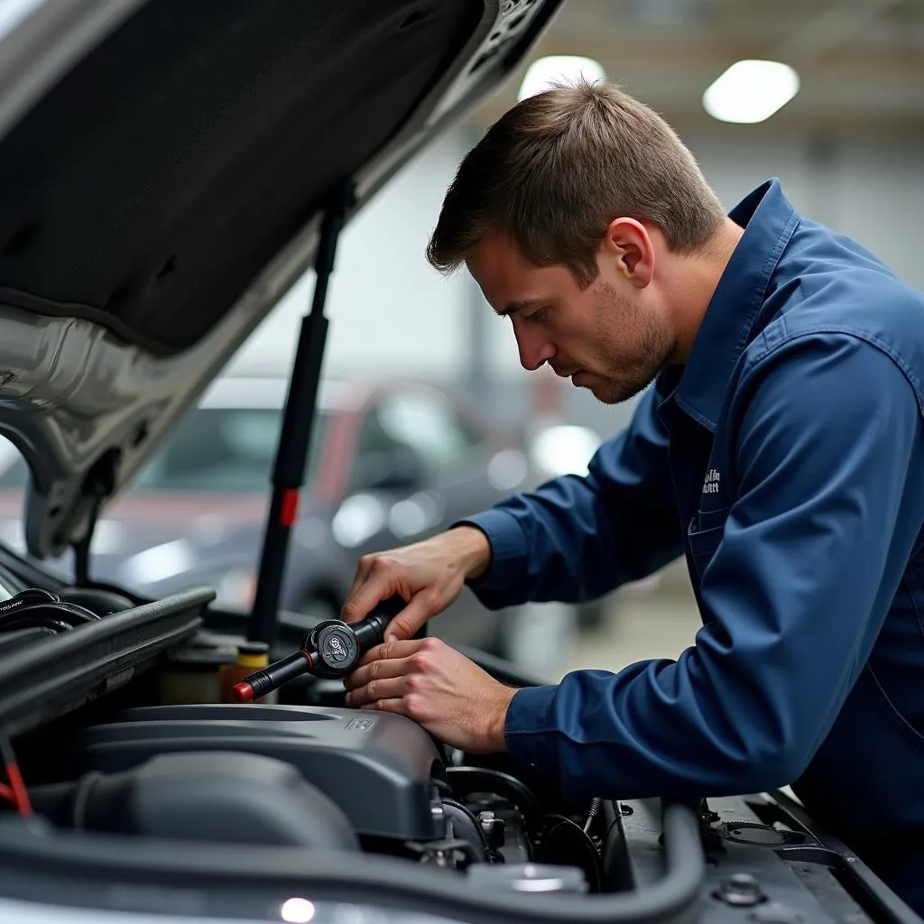 Mechanic Inspecting Engine Bay