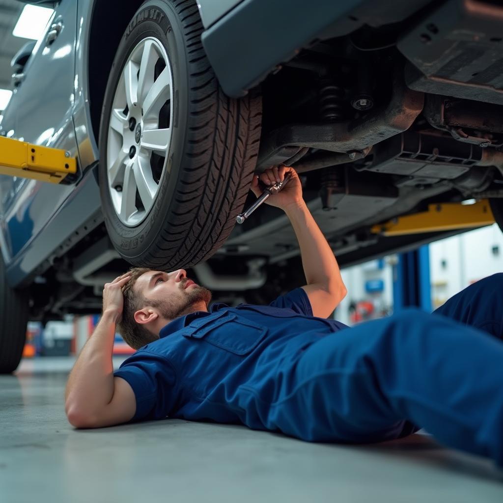 Certified mechanic inspecting the undercarriage of a car in a Memphis auto repair shop