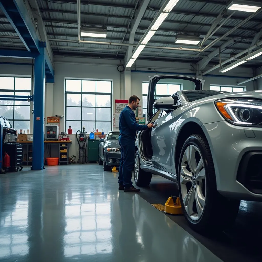 Mechanic working under a car in a professional auto shop