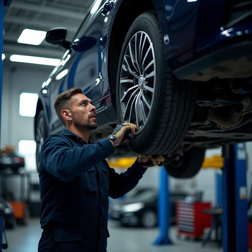 Mechanic conducting guaranteed auto service.