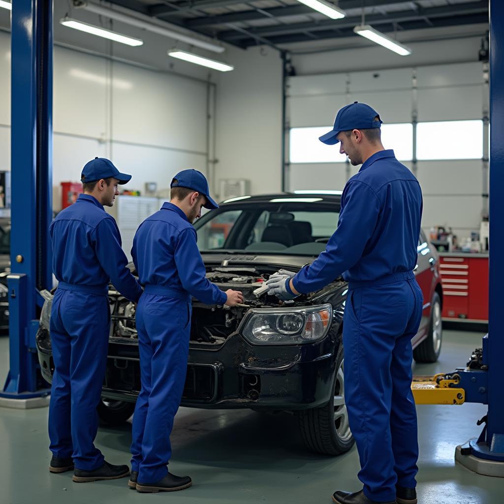 Group of mechanics collaborating on a car repair in a professional garage