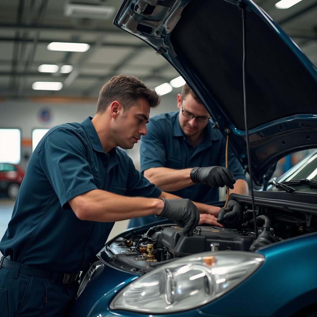 Mechanics Working on a Car in a Shop