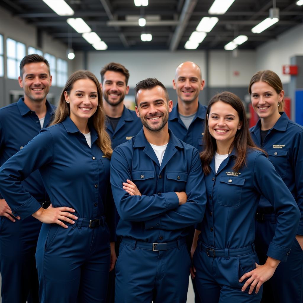 Medley's Certified Technicians - A group of certified technicians in uniform, posing confidently in front of a repair bay.