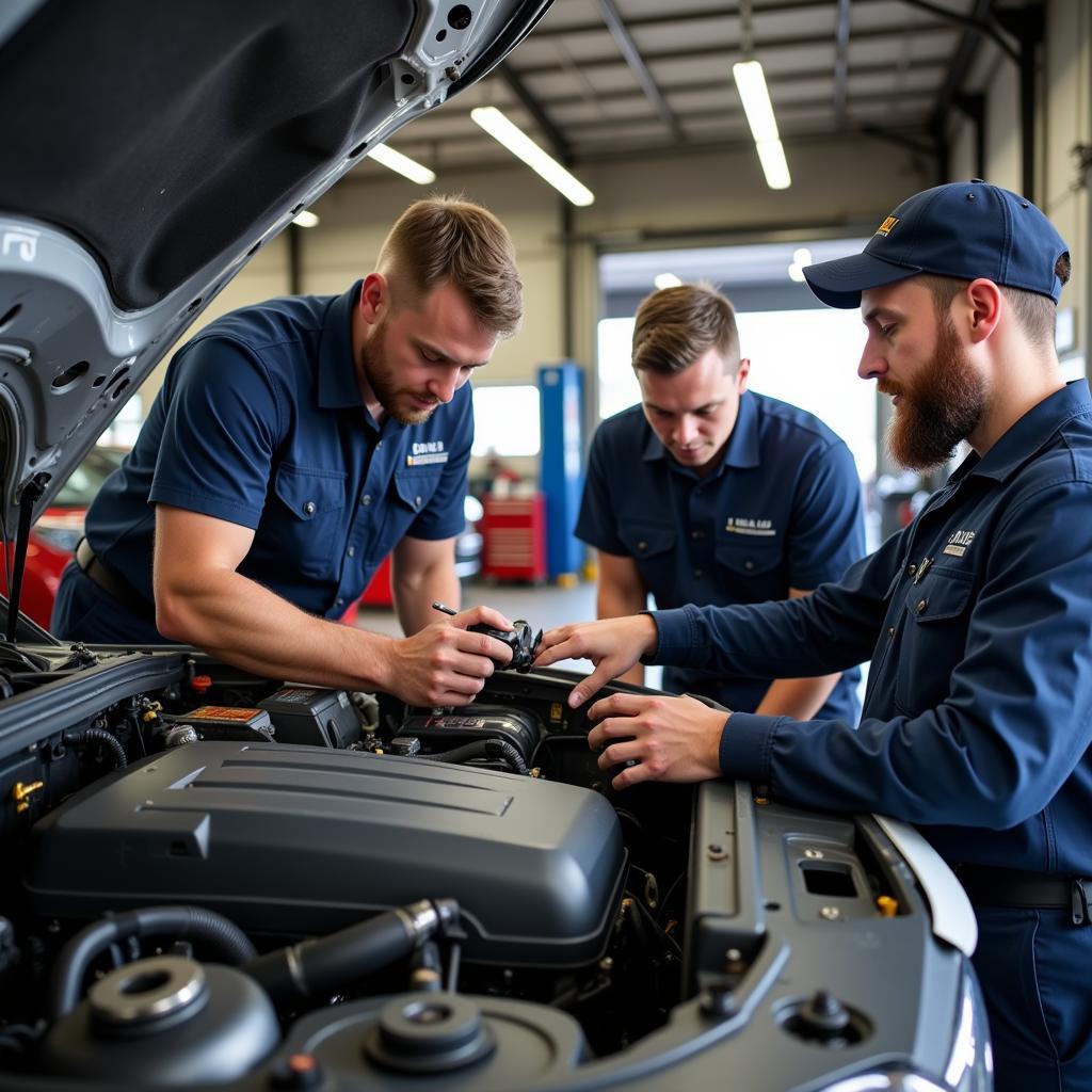 Experienced mechanics working on a car engine