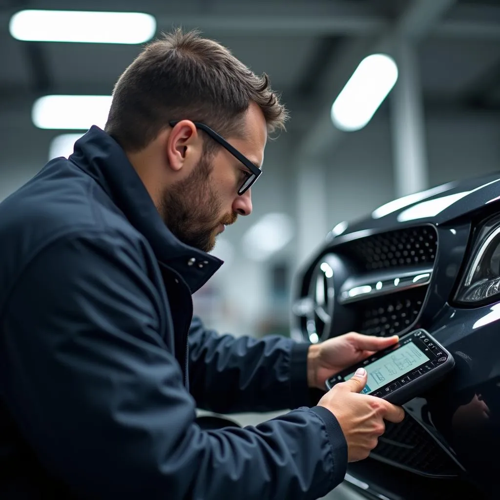 Mercedes-Benz Technician Diagnosing Vehicle Issue