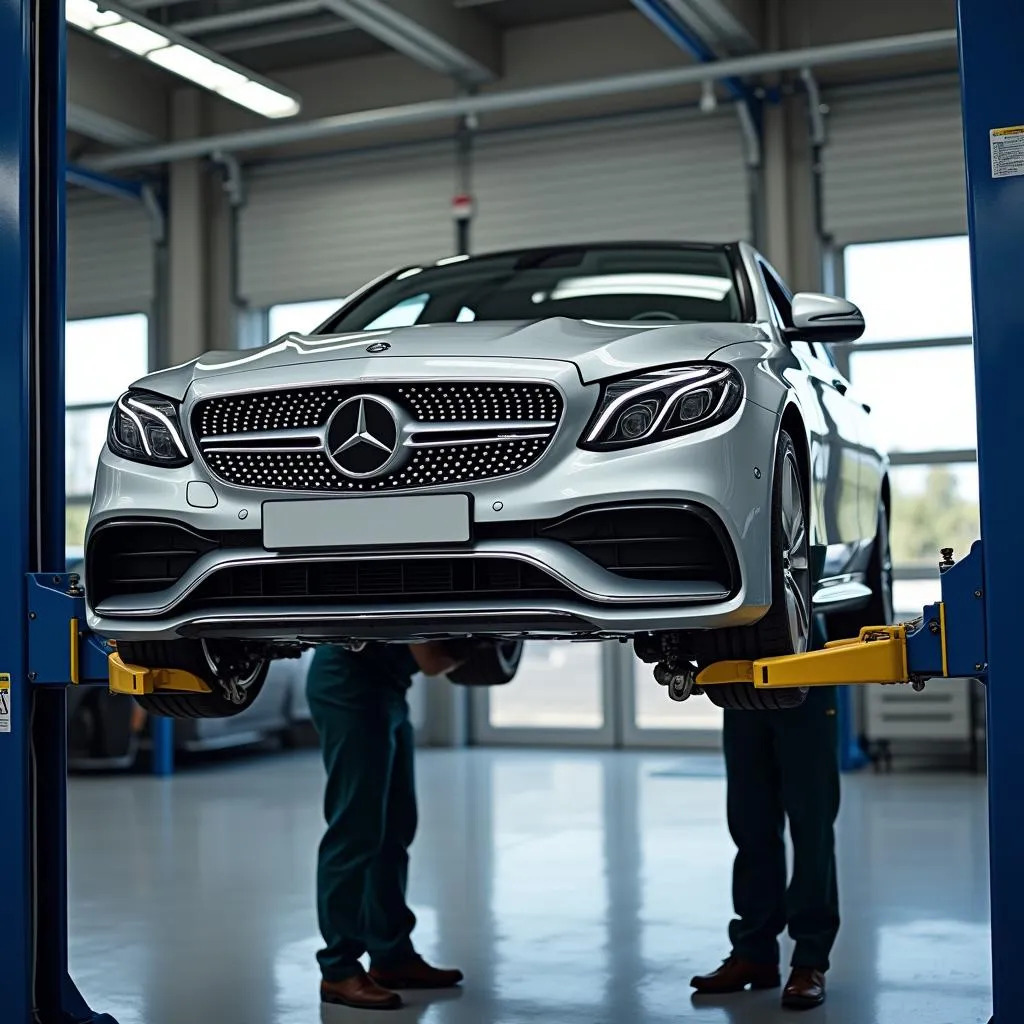 Mercedes Car on Lift in Service Center