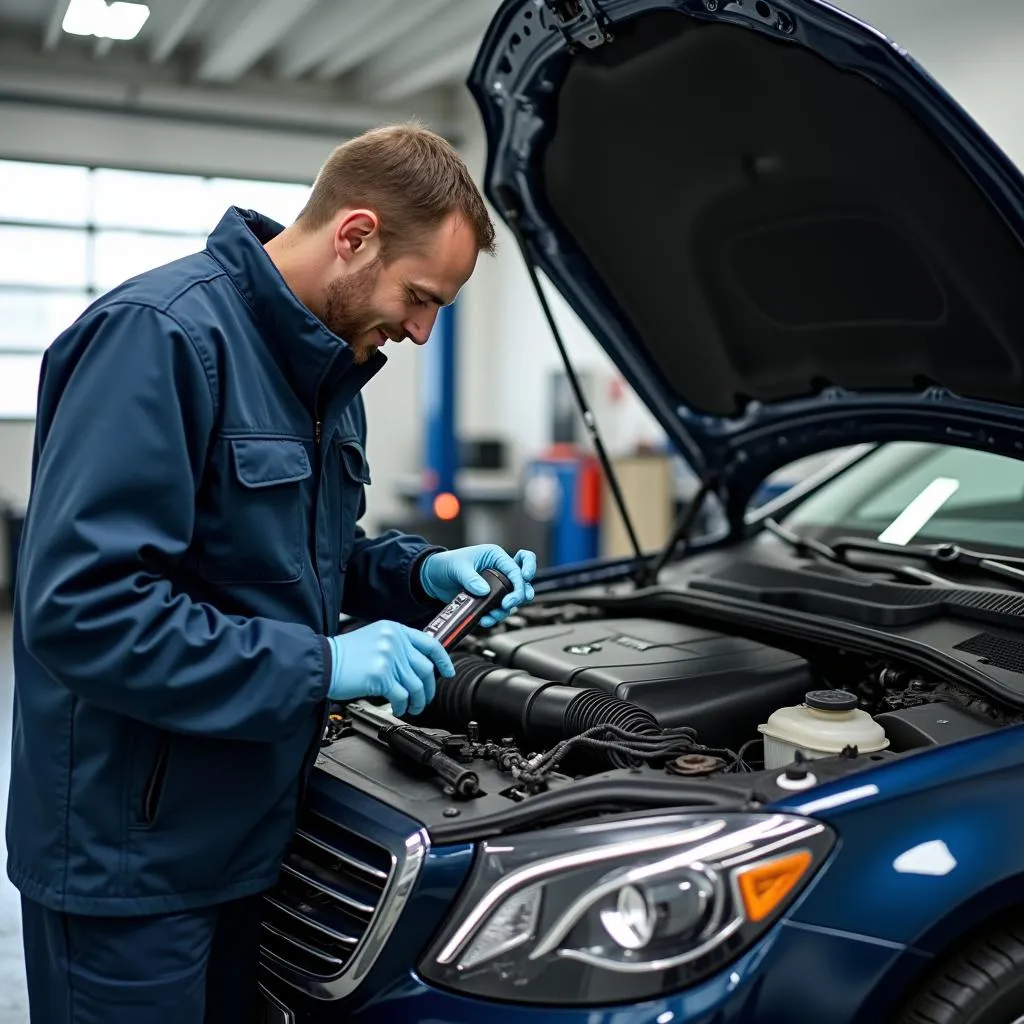 Mercedes Mechanic Performing Diagnosis