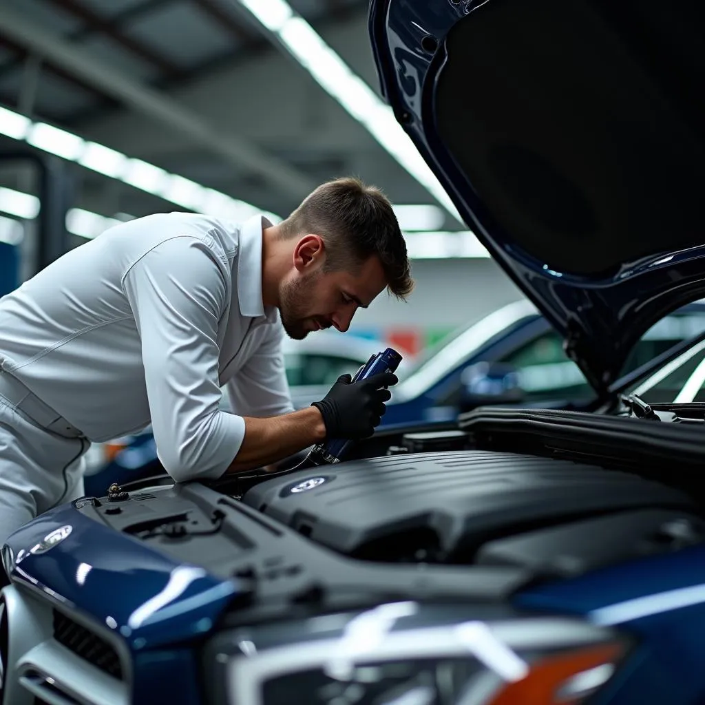 Mercedes Mechanic Inspecting Engine