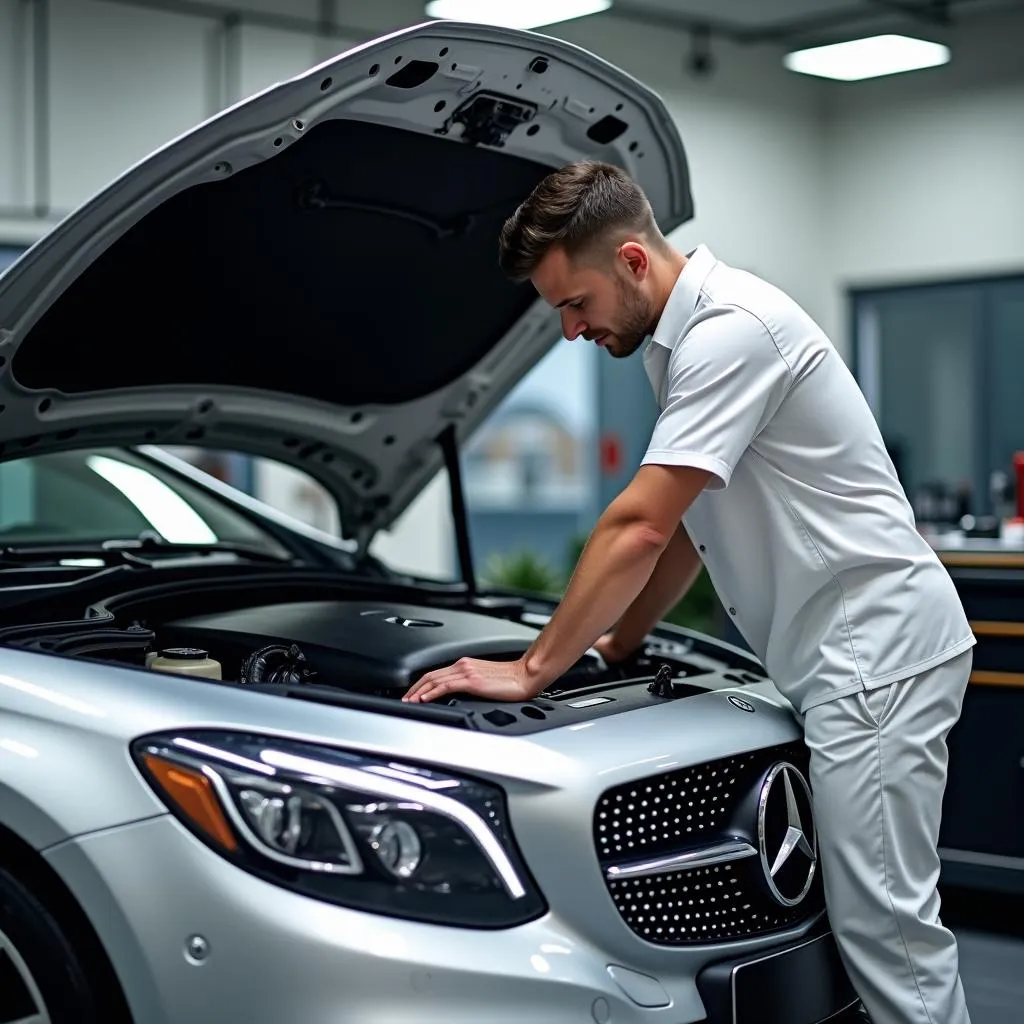 Mercedes-Benz Service Center Technician Inspecting Car