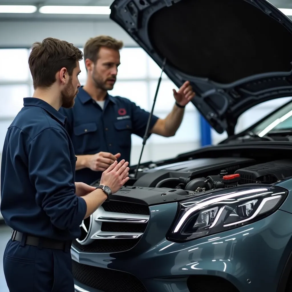 Mercedes Technician Explaining Repairs to Customer