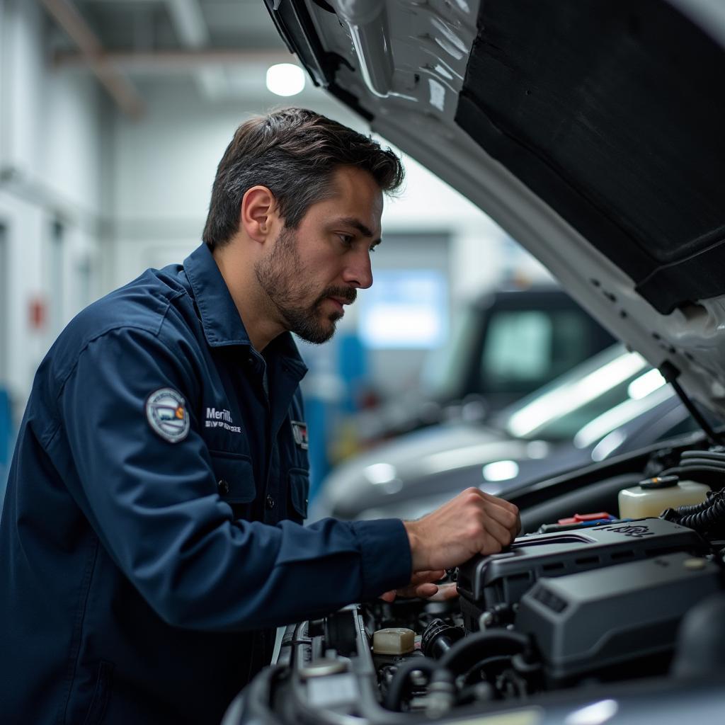 Merrill's Auto Service technician working on a car