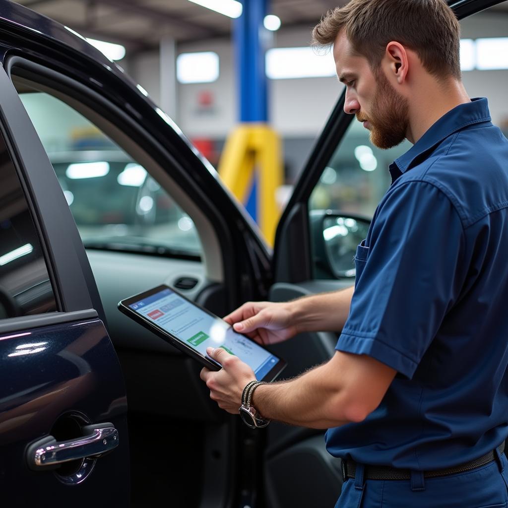 Mesa Auto Mechanic Using Digital Tablet for Car Diagnostics