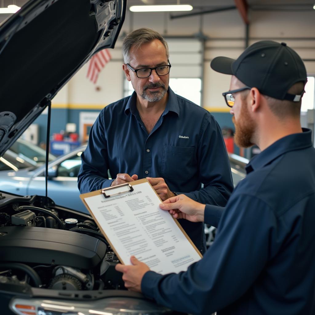 Car owner discussing car maintenance with a mechanic in Metairie