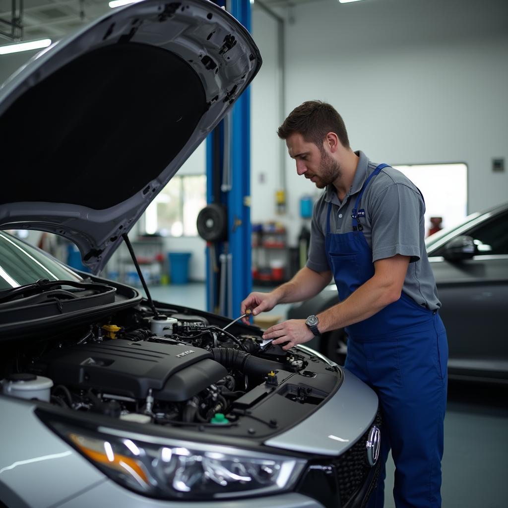 Mechanic inspecting a car in a Miami auto repair shop