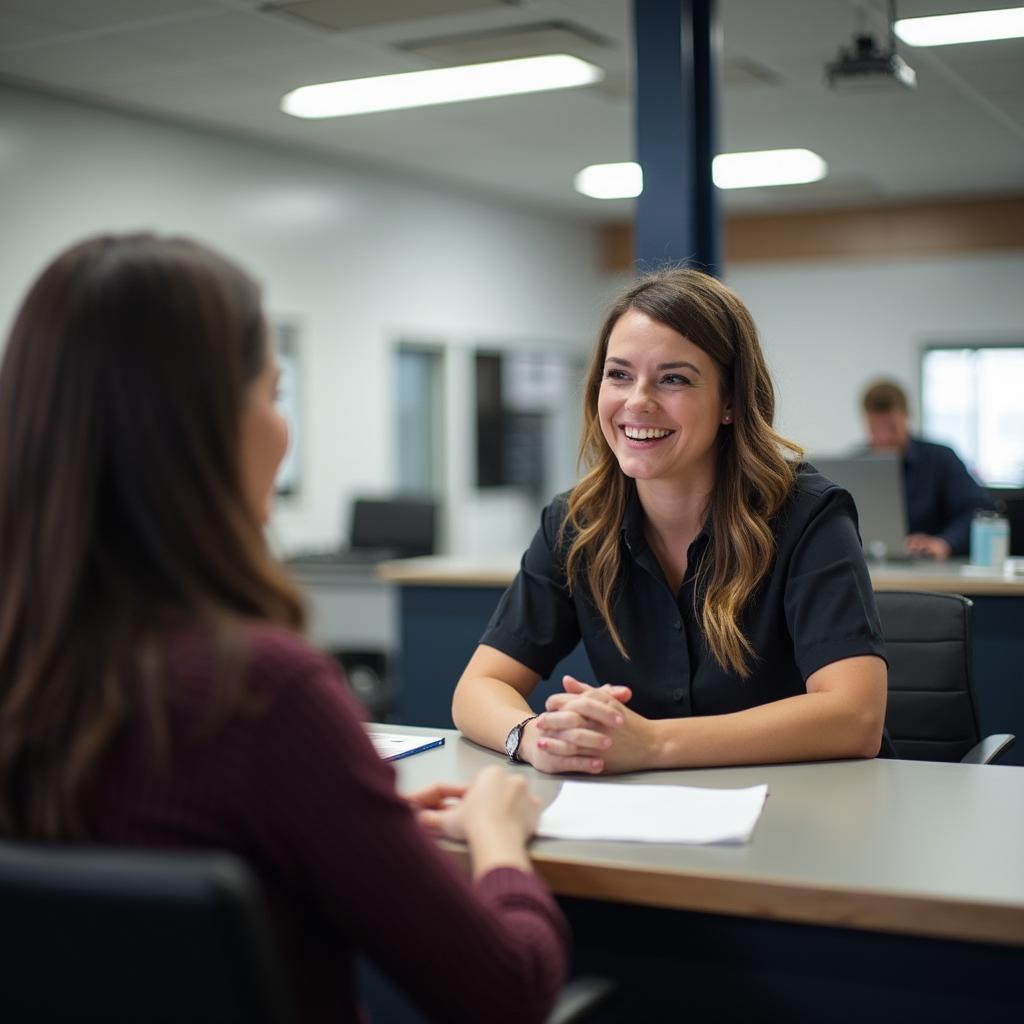 A customer service representative at Mid Valley Auto Body & Service Center assisting a customer