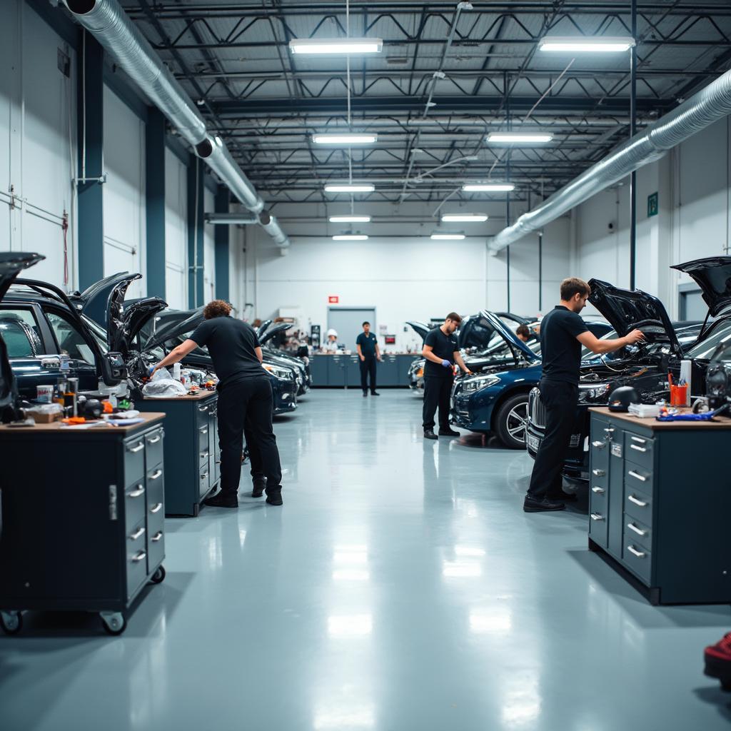 Mid Valley Auto Body & Service Center's shop floor with technicians working on vehicles