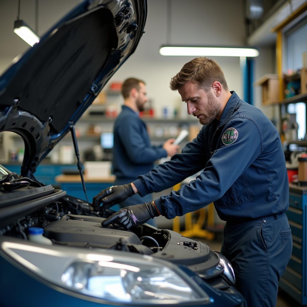 Mechanic inspecting a car in a Midtown Kansas City auto repair shop