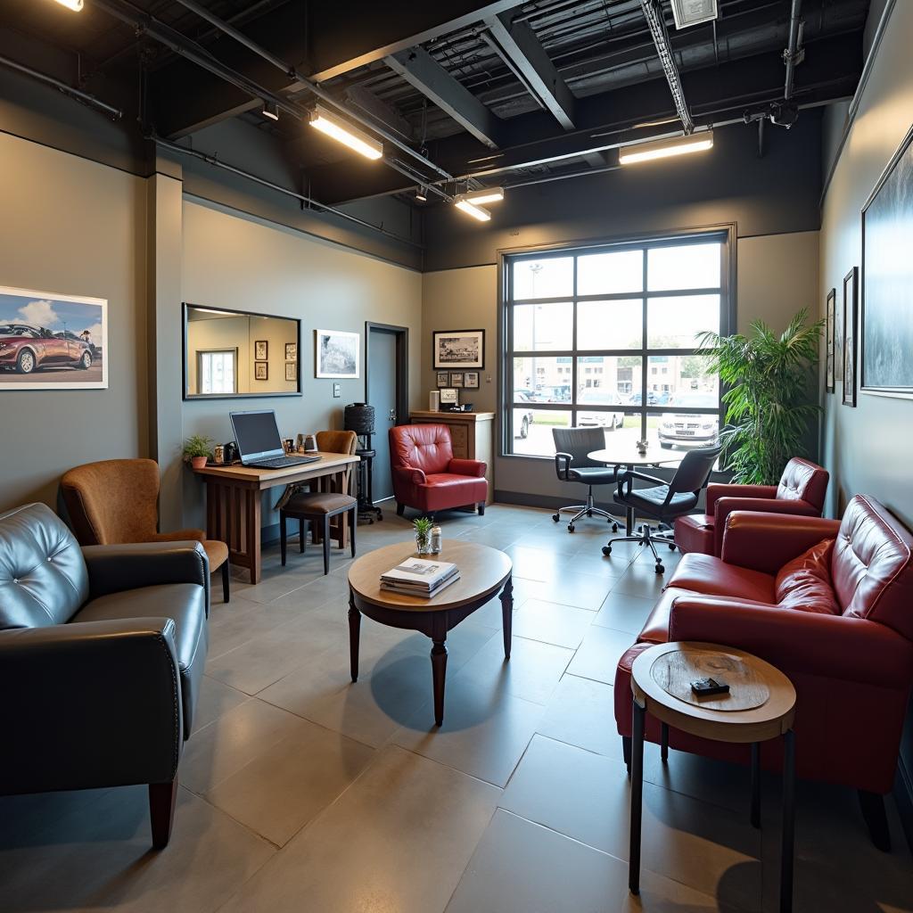 Customer waiting in the comfortable waiting area of a Midtown Kansas City auto service center