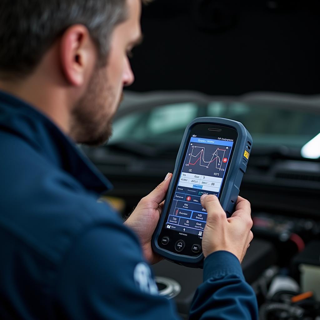 Mechanic using a diagnostic tool on a car in Midtown Kansas City