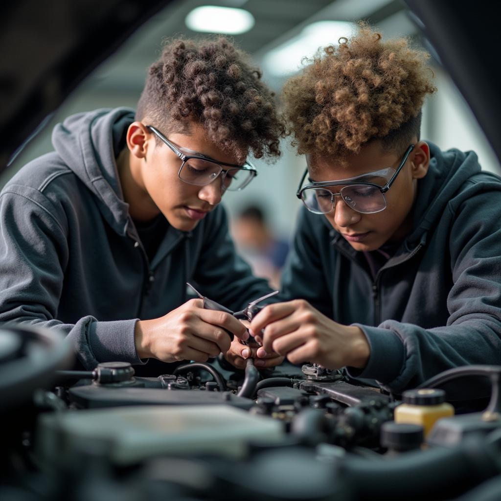 Students Working on a Car Engine at Mikens Academy