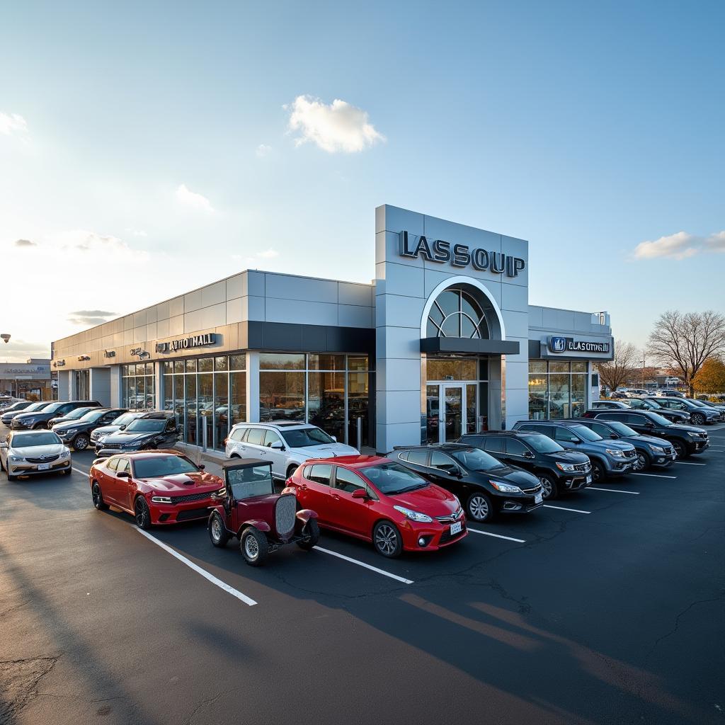 Modern car dealership exterior with a wide selection of vehicles on display