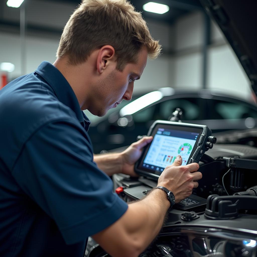 Skilled technician performing car diagnostics at Mitchy Auto Service