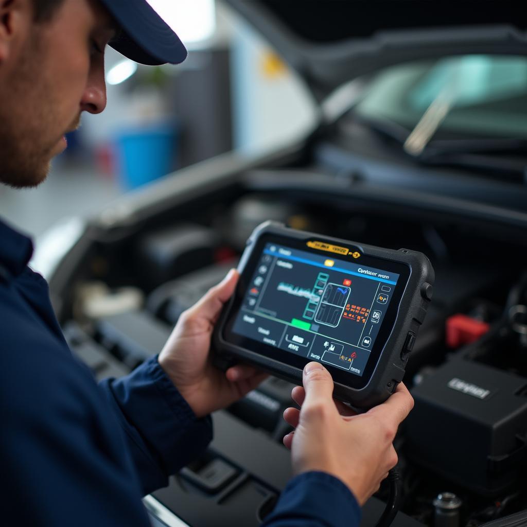 Certified auto service technician using a diagnostic tool