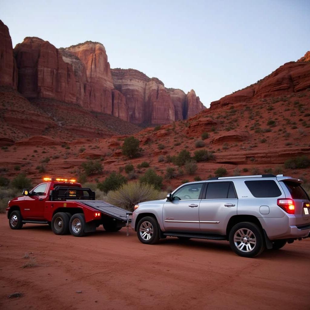 Tow truck assisting a stranded vehicle in Moab, Utah