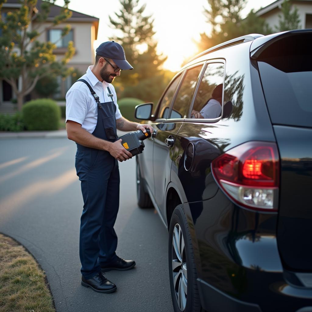 Mechanic servicing a car in a driveway