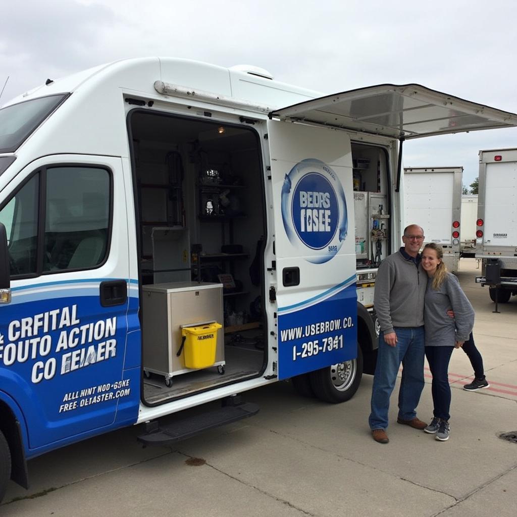 Mobile auto glass repair van parked in front of a house.