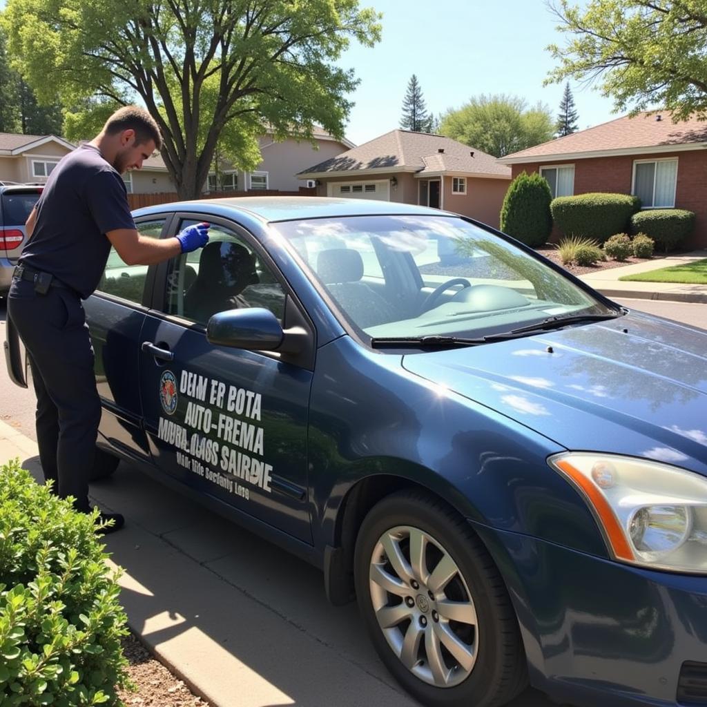 Technician performing a mobile auto glass replacement service on a car in 85225