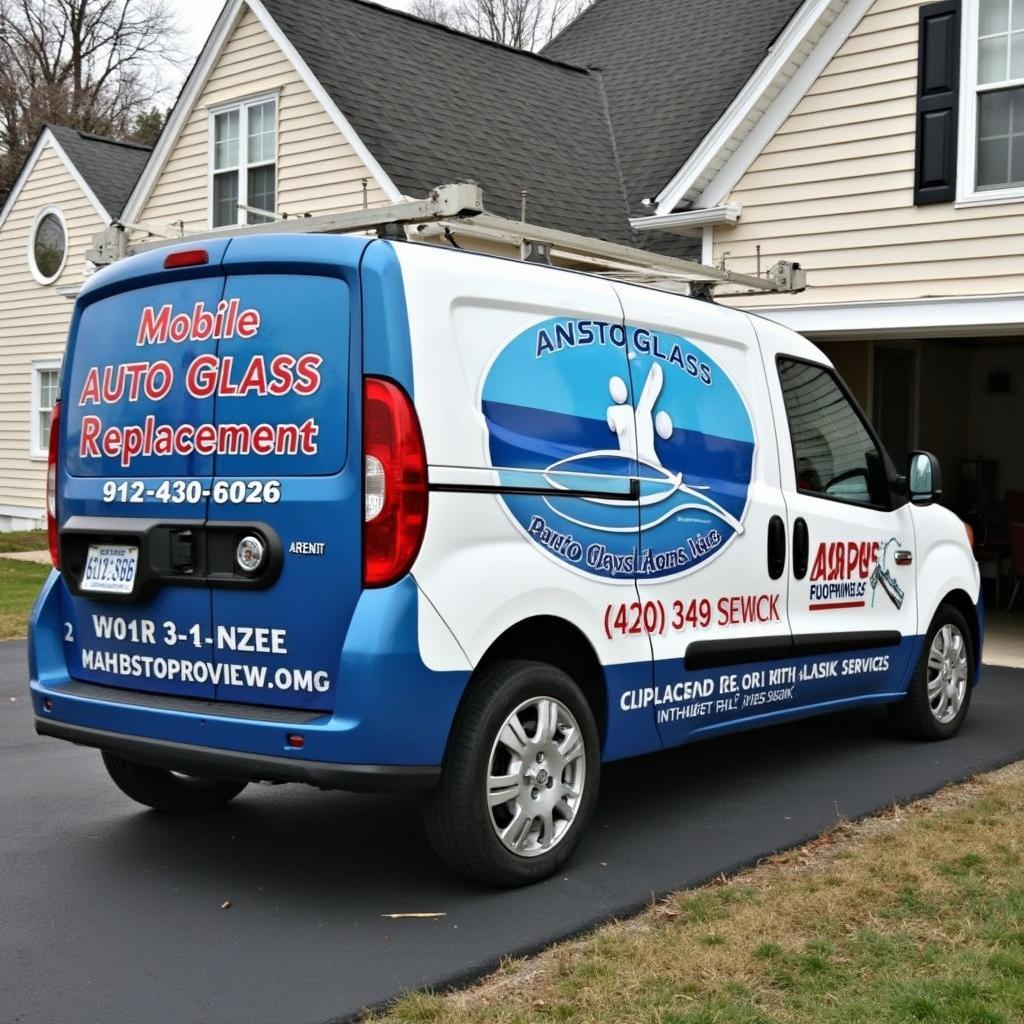 Mobile auto glass replacement van parked in a residential area in Maryland